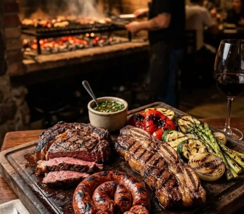 Tabla de cortes de carne, chorizo y vegetales a la parrilla