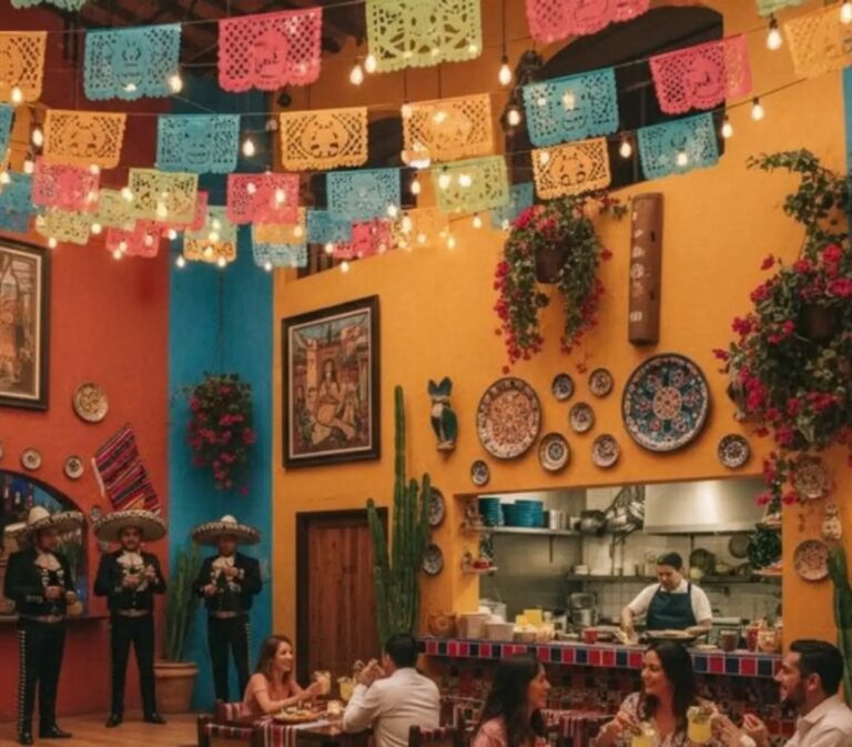 Comedor de un restaurante mexicano con papel picado, mariachis y comensales